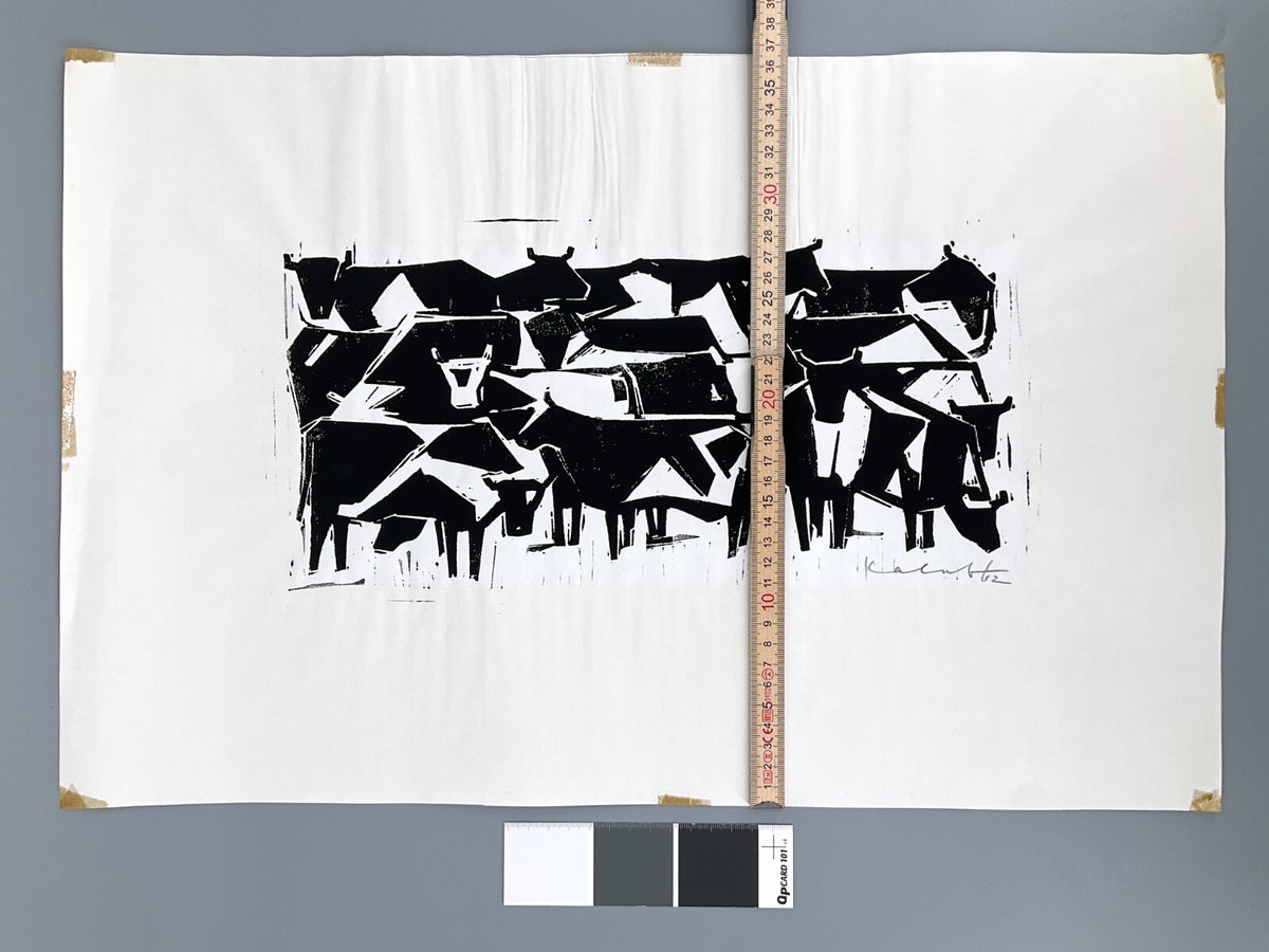 *LINOLSCHNITT WALTER KALOT RINDERHERDE OCHSEN SIGNIERT 1962 ORIGINAL EXPRESSIV
