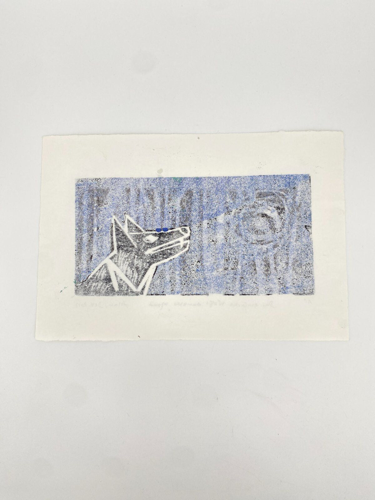 * HOLZSCHNITT FARBIG WOLF MOND BLAU WEIß ALLAN TUSCHE TINTE
