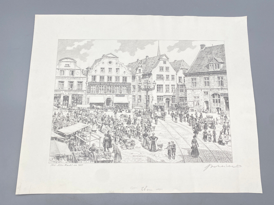 HEINZ WEHLISCH  ZEICHNUNG KIEL ALTER MARKT 1891 ORIGINAL HANDSIGNIERT