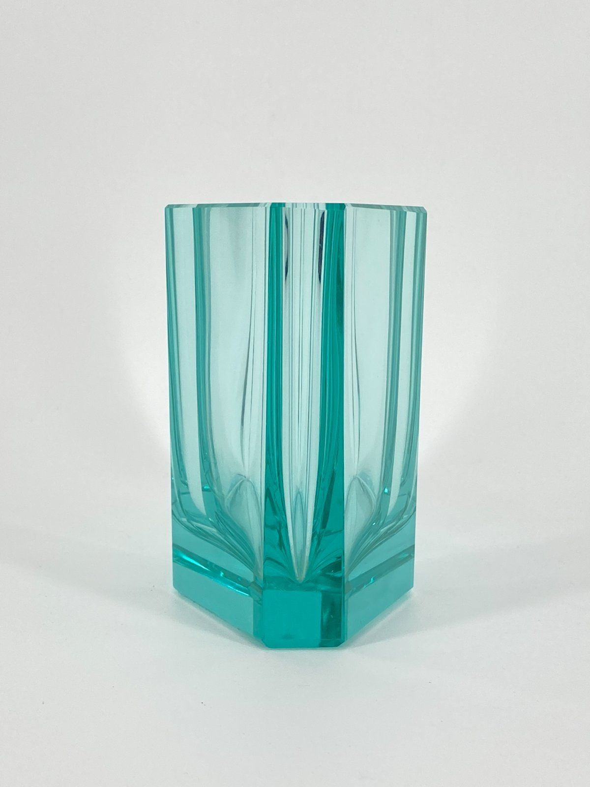 * FACETTIERTE GLAS VASE BLAUGRÜN TSCHECHIEN MID CENTURY DESIGN