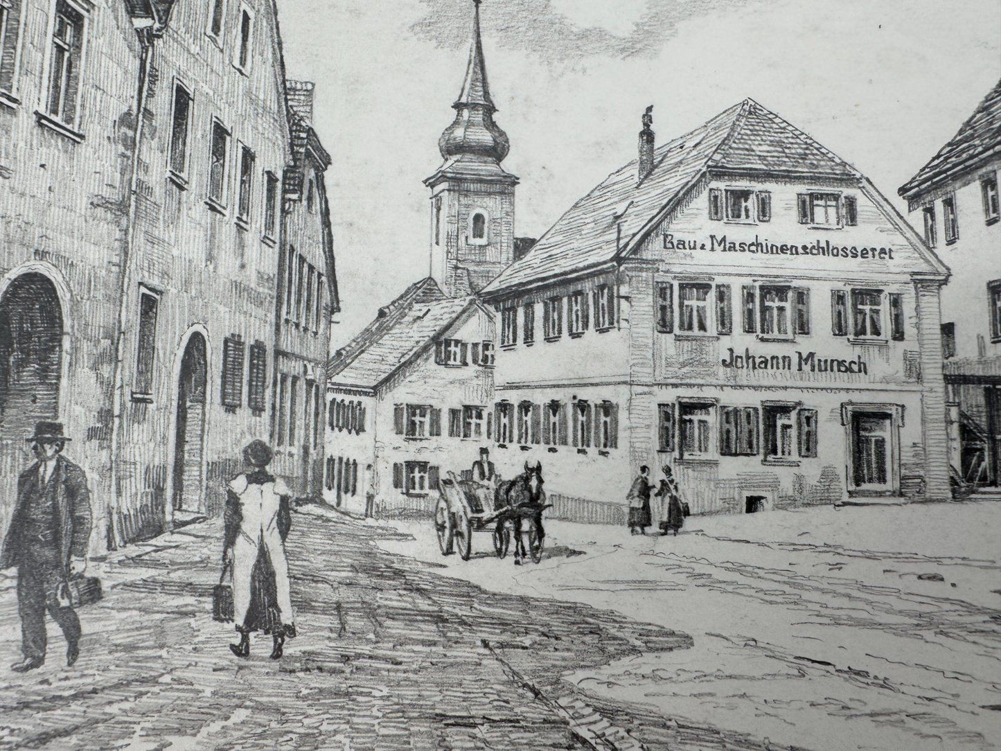 * HEINZ WEHLISCH ZEICHNUNG HOLLFELD OBERER MARKT MIT RATHAUS