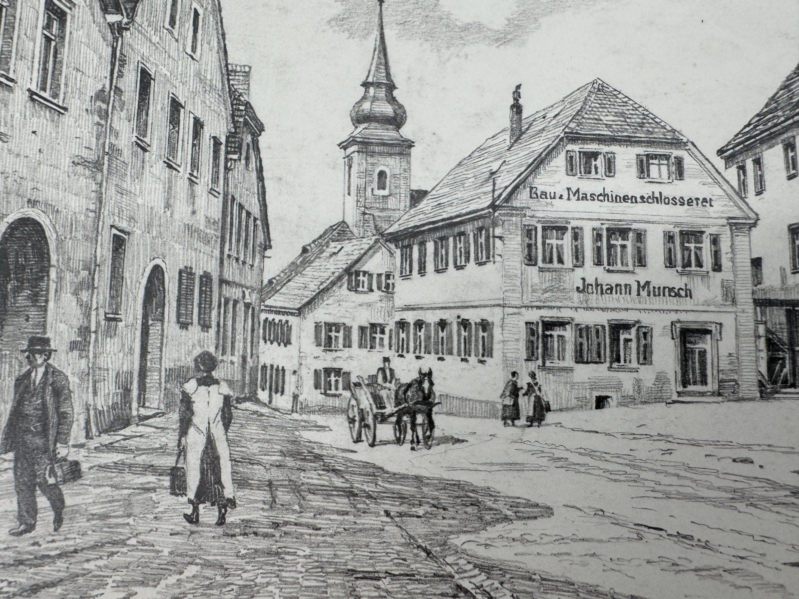 * HEINZ WEHLISCH ZEICHNUNG HOLLFELD OBERER MARKT MIT RATHAUS