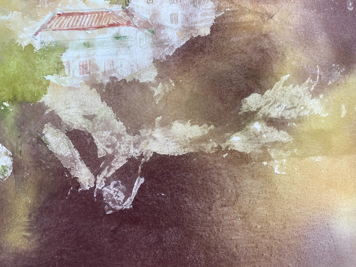 *AQUARELLGEMÄLDE ITALIEN LANDSCHAFT PALME MEDITERRAN VILLA SIGRID HANNSE 90ER