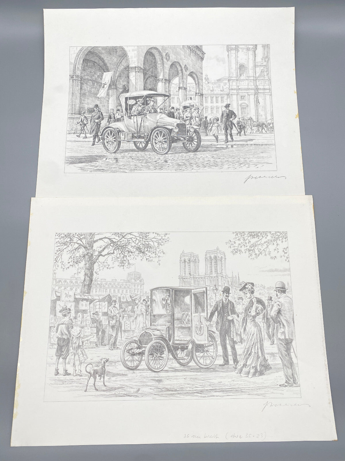 HEINZ WEHLISCH KÜNSTLER 2X ZEICHNUNGEN PEUGEOT PARIS 1912 NOTRE DAME ORIGINAL