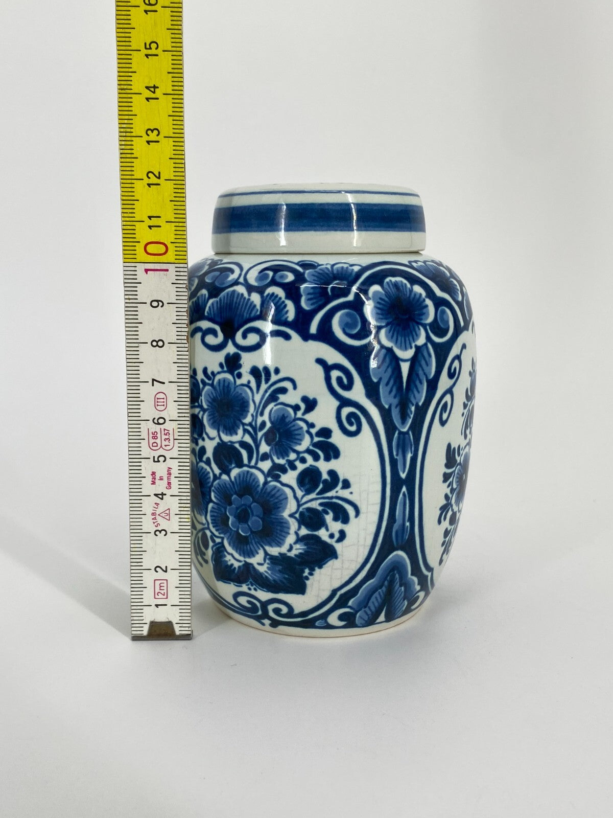 * OUD DELFT KERAMIK DECKEL DOSE VASE BLAUMALEREI BLAU WEIß BLUMEN 12CM