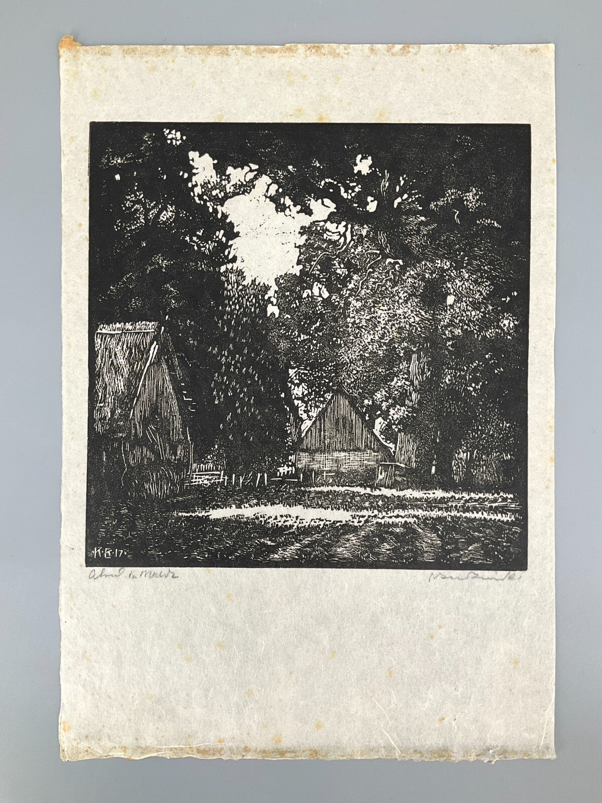 *HOLZSCHNITT BAUERNHOF UNLESERLICHE SIGNATUR 1917 JUGENDSTIL LANDSCHAFT ORIGINAL