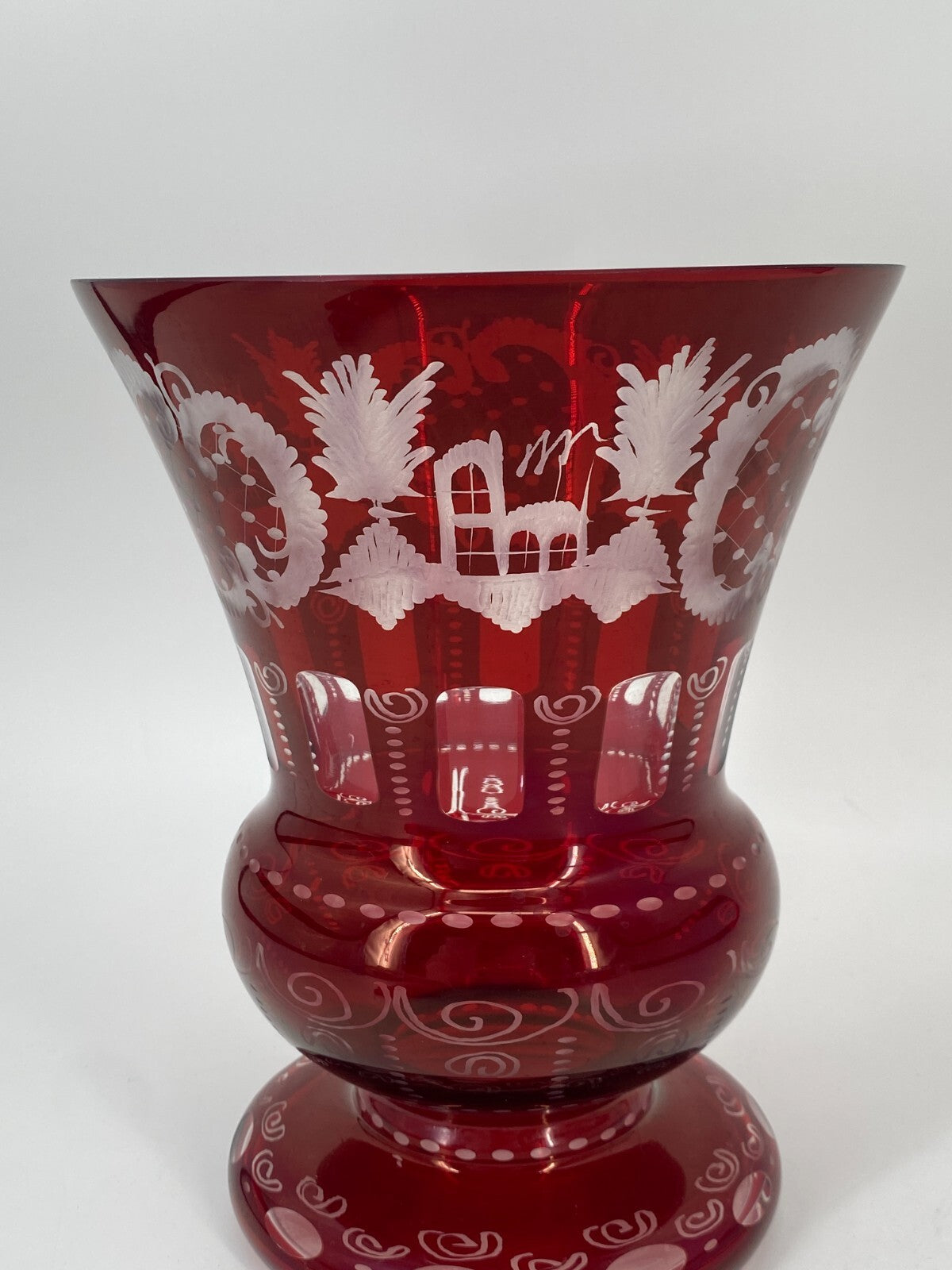 * VASE GROß BÖHMISCHES GLAS BÖHMEN TSCHECHIEN ROT JAGD HIRSCH VINTAGE