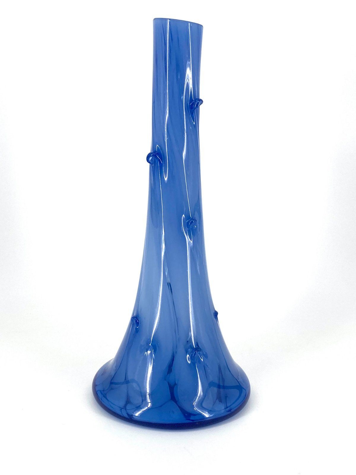 * GROßE BLAUE GLASVASE MUNDGEBLASEN J. BENCAL POLEN VINTAGE BLAU HANDARBEIT
