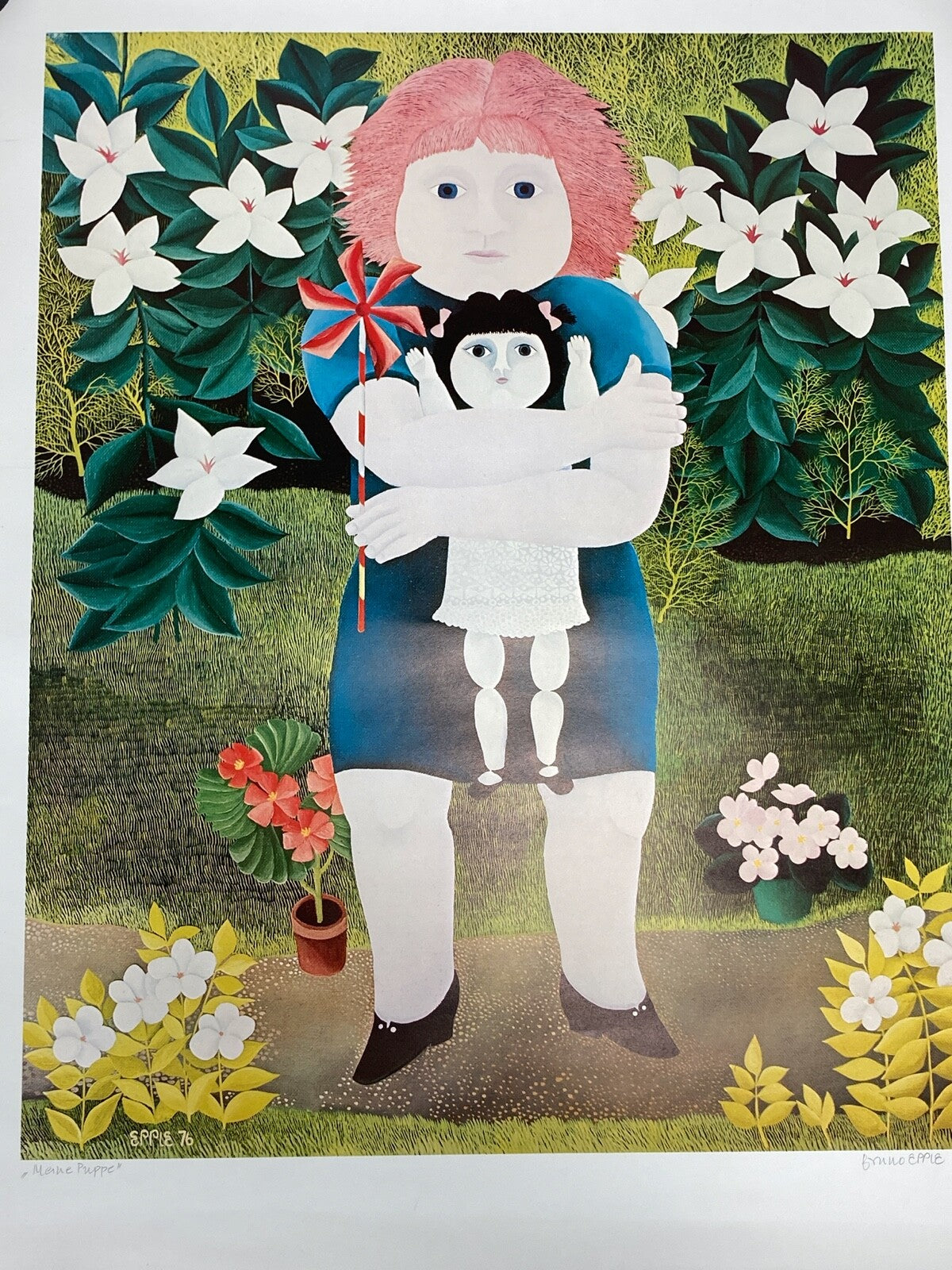 * BRUNO EPPLE POSTER PRINT MEINE PUPPE 1976 NAIVE MALEREI HANDSIGNIERT 50X69 CM