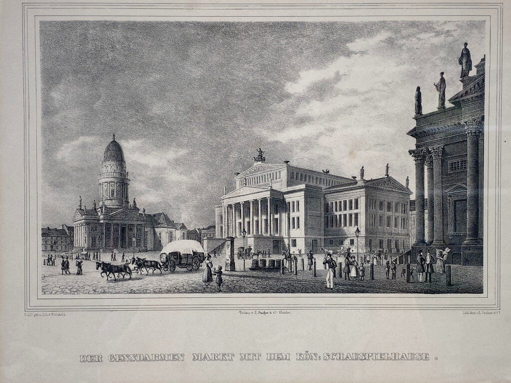 * ORIGINAL LITHOGRAFIE 1840 GENDARMENMARKT DOM SCHAUSPIELHAUS BERLIN ANTIK