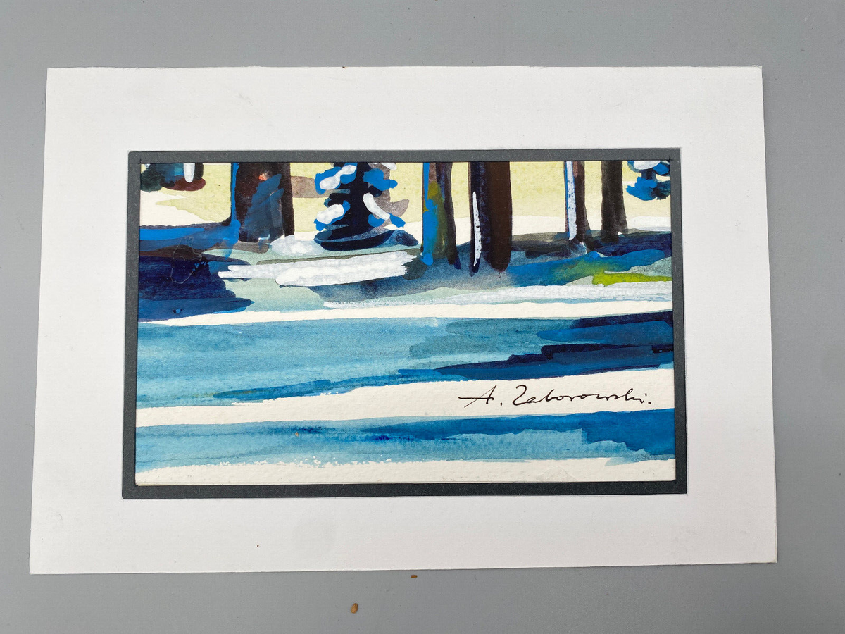 ANTONI ZABOROWSKI *1939 AQUARELL ZEICHNUNG WALD SCHNEE POLEN SIGNIERT 21x15 cm