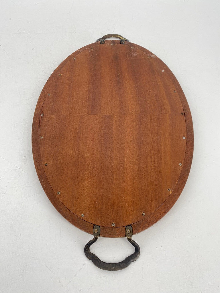 * TABLETT OVAL ANTIK 1900 HOLZ INTARSIEN STERN MESSING GLASPLATTE SERVIERTABLETT