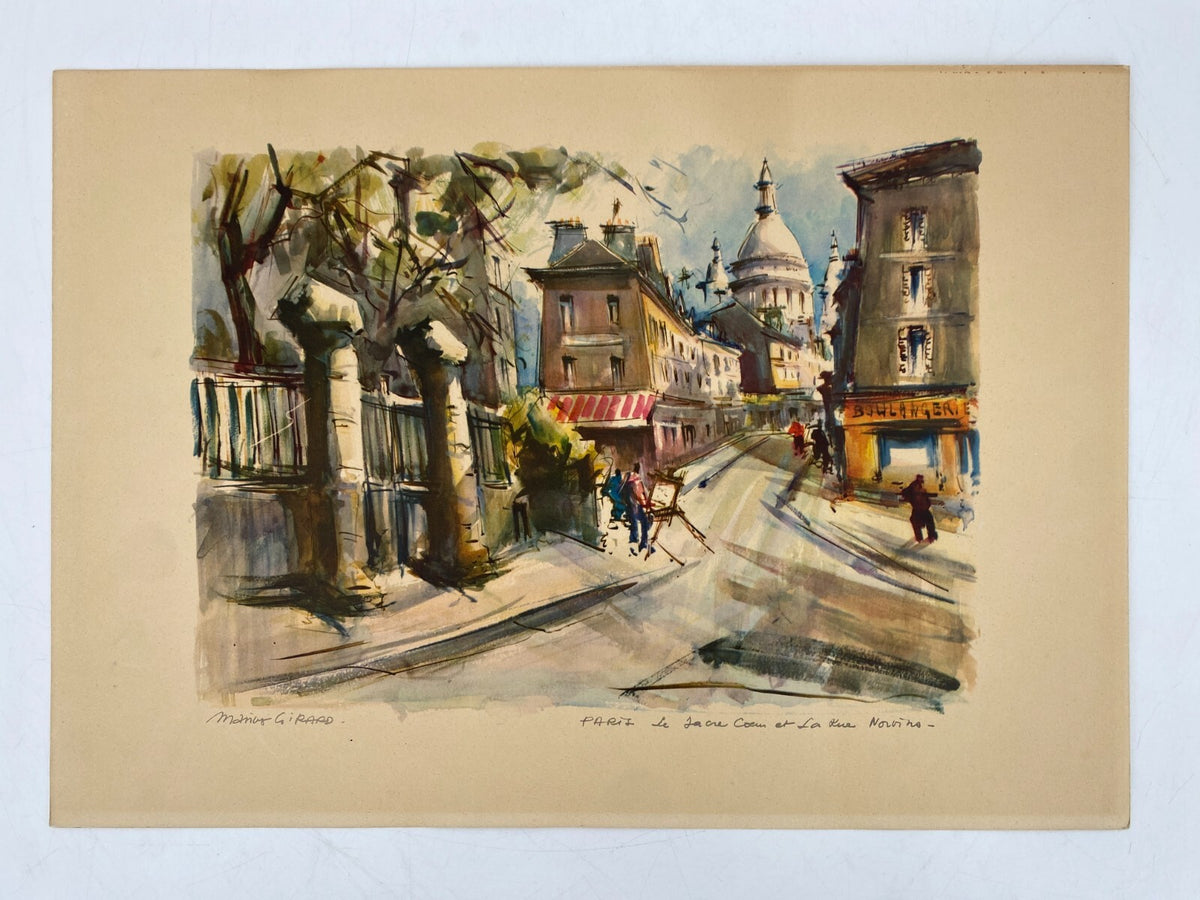 *KUNSTDRUCK AQUARELL MARIUS GIRARD PARIS RUE NORVINS ET LE SACRE-COEUR VINTAGE