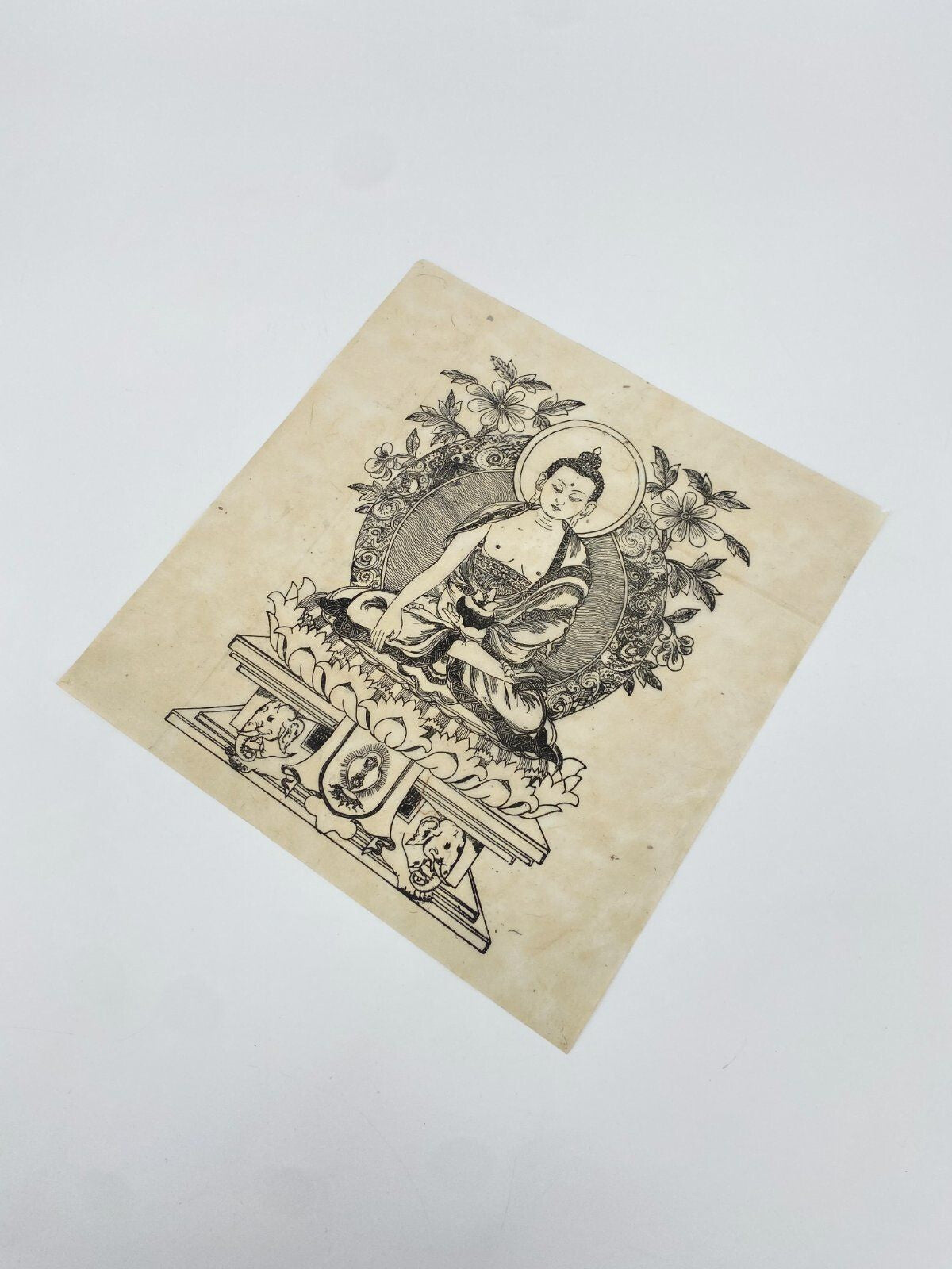 * HOLZSCHNITT BUDDHA ASIEN GRAFIK DRUCK TIBET DHARMACHAKRA MUDRA