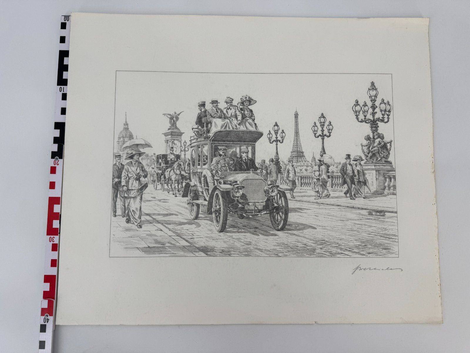 * HEINZ WEHLISCH ZEICHNUNG PARIS AUTOMOBIL 1912 ANSICHT SIGNIERT