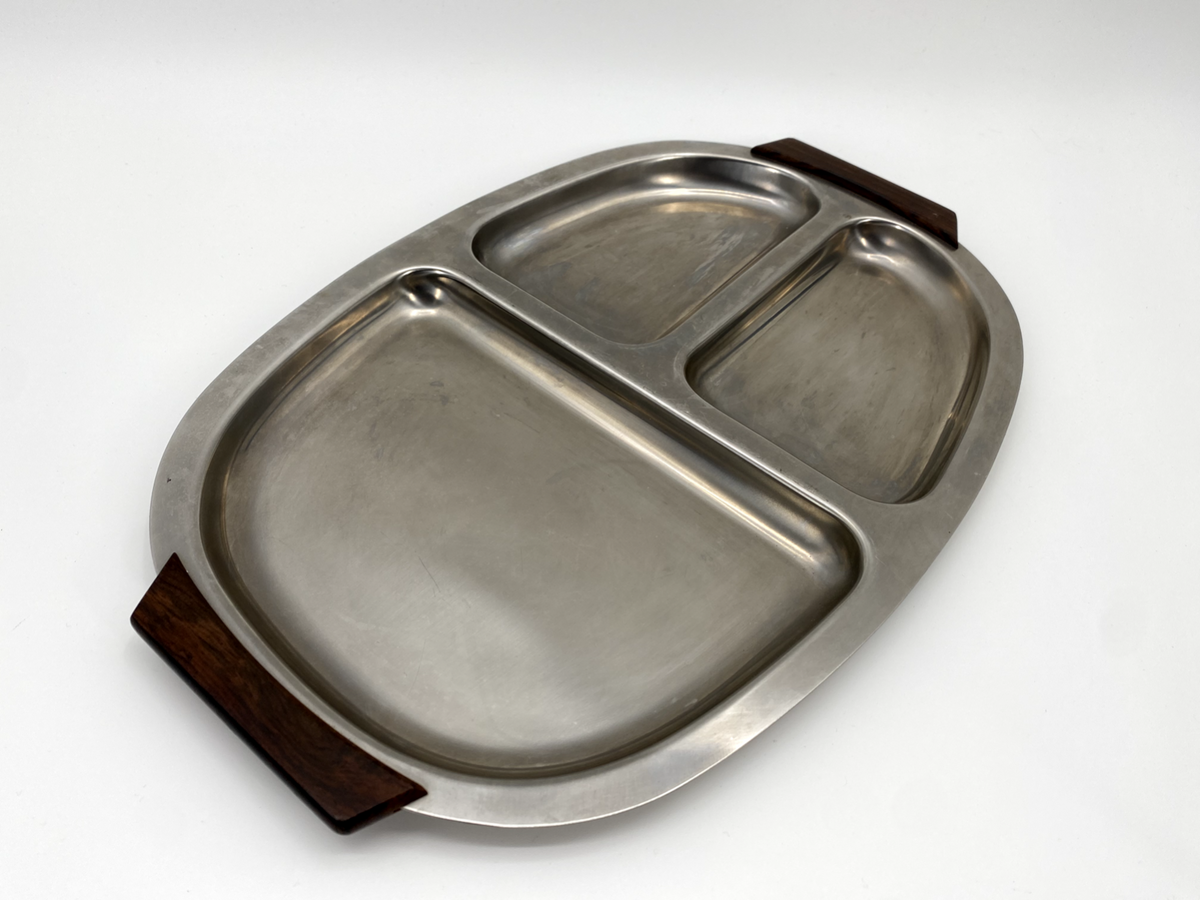 * EDELSTAHL TABLETT SERVIER OVAL UNTERTEILUNG SNACKS DANISH DESIGN PALISANDER 60