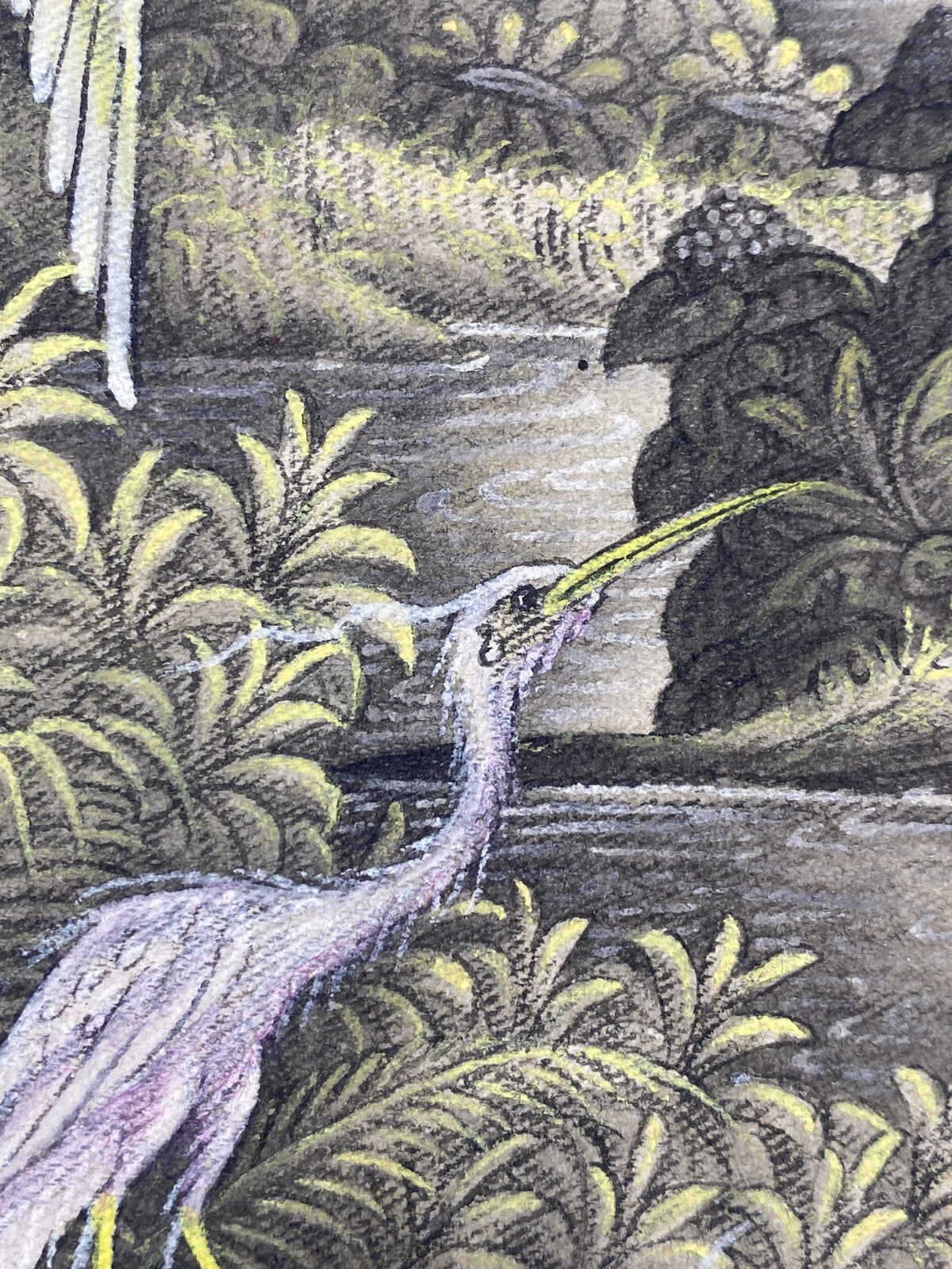 * REIHER BALI 80ER GEMÄLDE ARTHANA PELIATAN UBUD BILD ACRYL LEINWAND VINTAGE