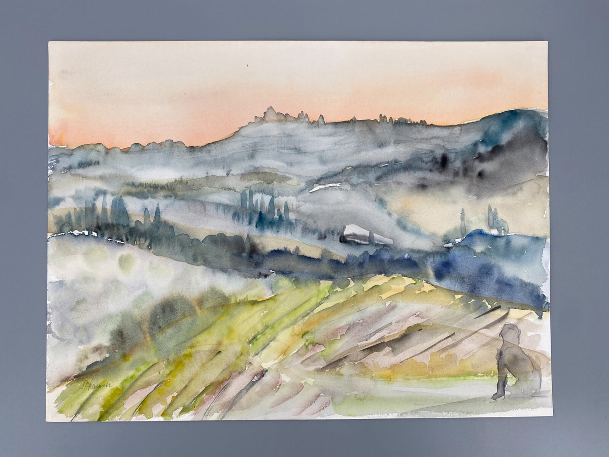 *AQUARELLGEMÄLDE ITALIEN LANDSCHAFT MEDITERRAN SONNENAUFGANG HUND SIGRID HANNSE