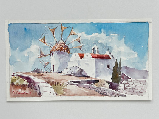 * AQUARELL GRIECHENLAND INSELN SANTORINI KAPATHOS WINDMÜHLE KAPELLE SOMMER