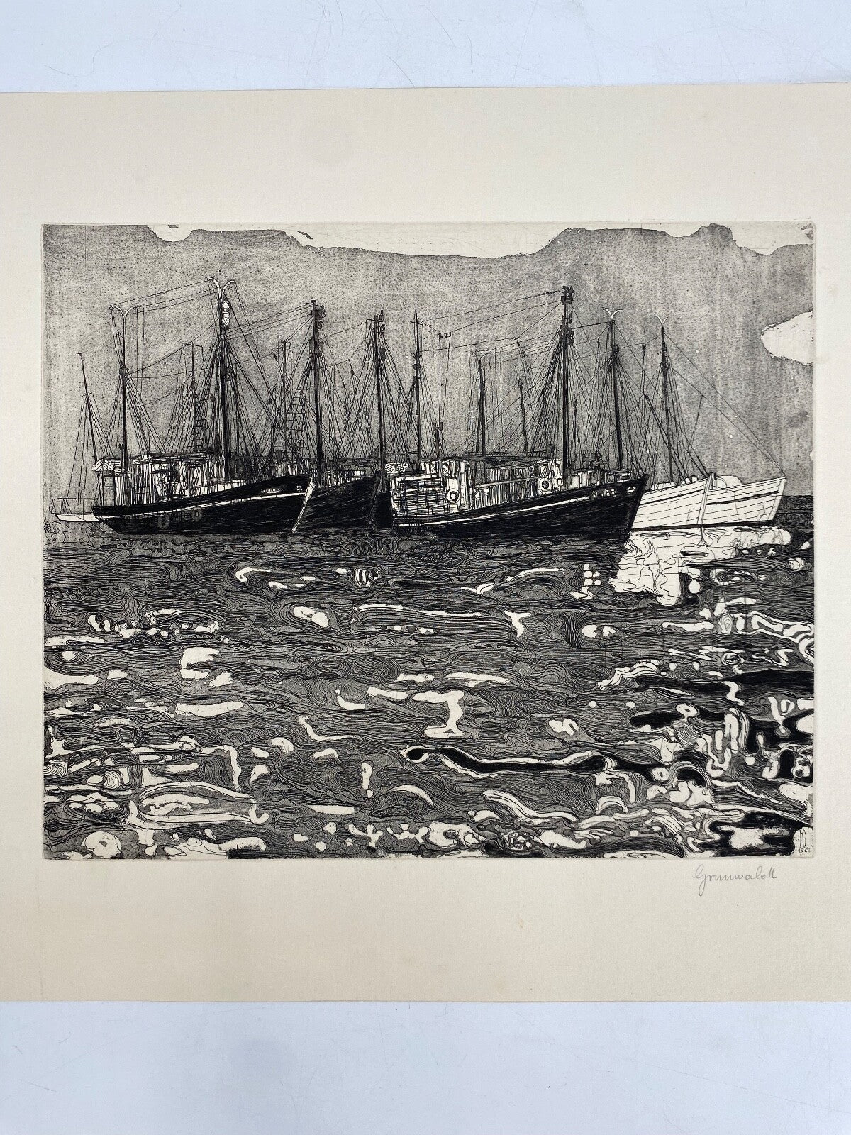 * HERBERT GRUNWALDT 1965 RADIERUNG ORIGINAL FISCHERBOOTE HAFEN SIGNIERT