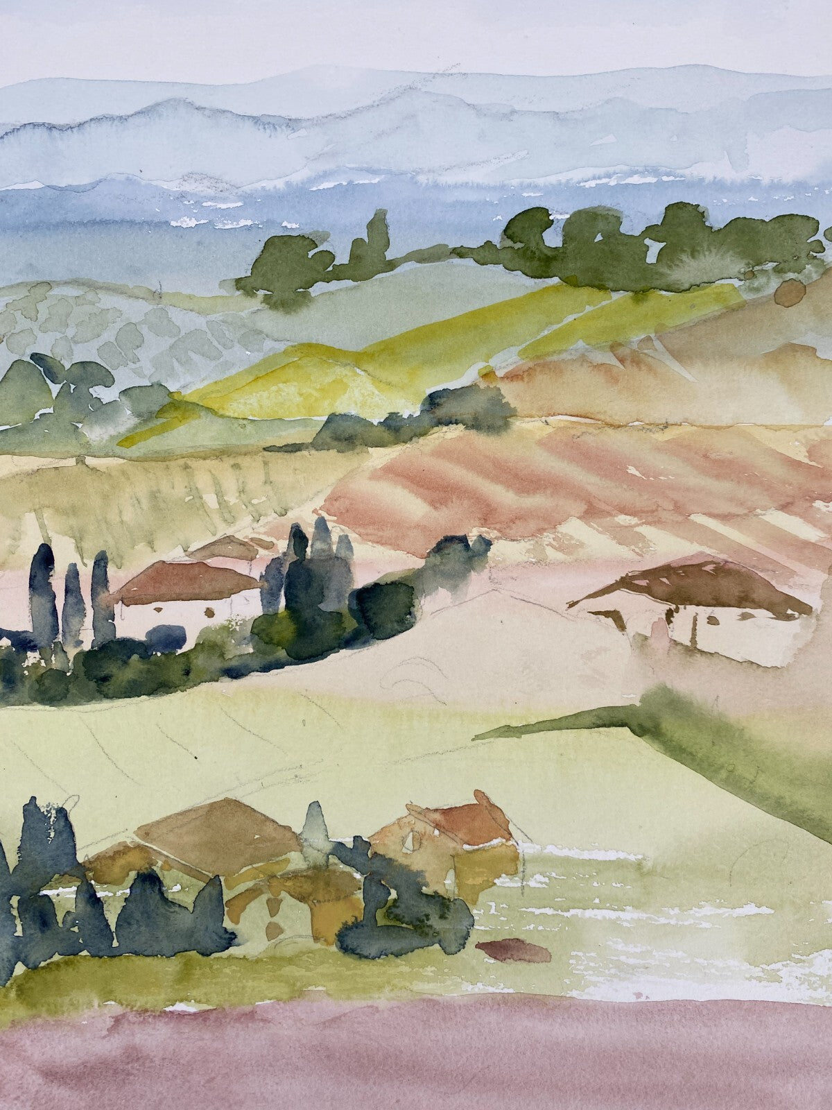 *AQUARELLGEMÄLDE ITALIEN LANDSCHAFT MEDITERRAN VILLEN SIGRID HANNSE UNIKAT 90ER