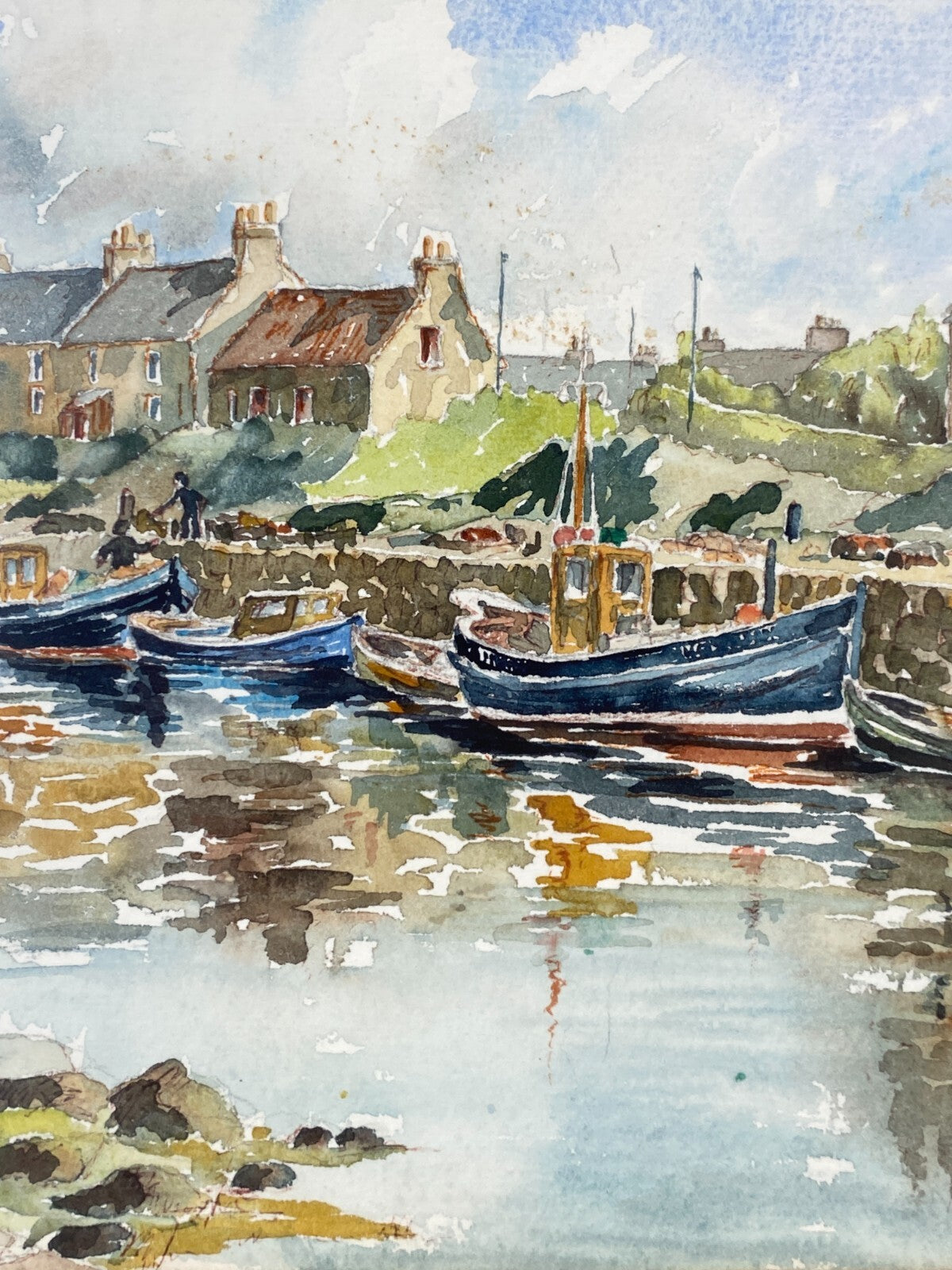 * GEMÄLDE HAFEN AQUARELL R. M. LAMING SIGNIERT FISCHER BOOTE MEER VINTAGE