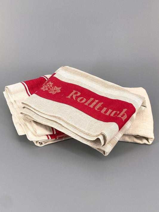 * 3x ROLLTUCH TISCHDECKE EFEU LEINEN ROT STREIFEN MANGELTUCH ALT