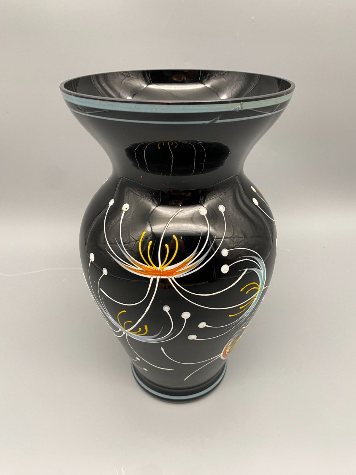 VASE HYALITHGLAS SCHWARZGLAS EMAILLEFARBEN HANDBEMALT MIDCENTURY DDR