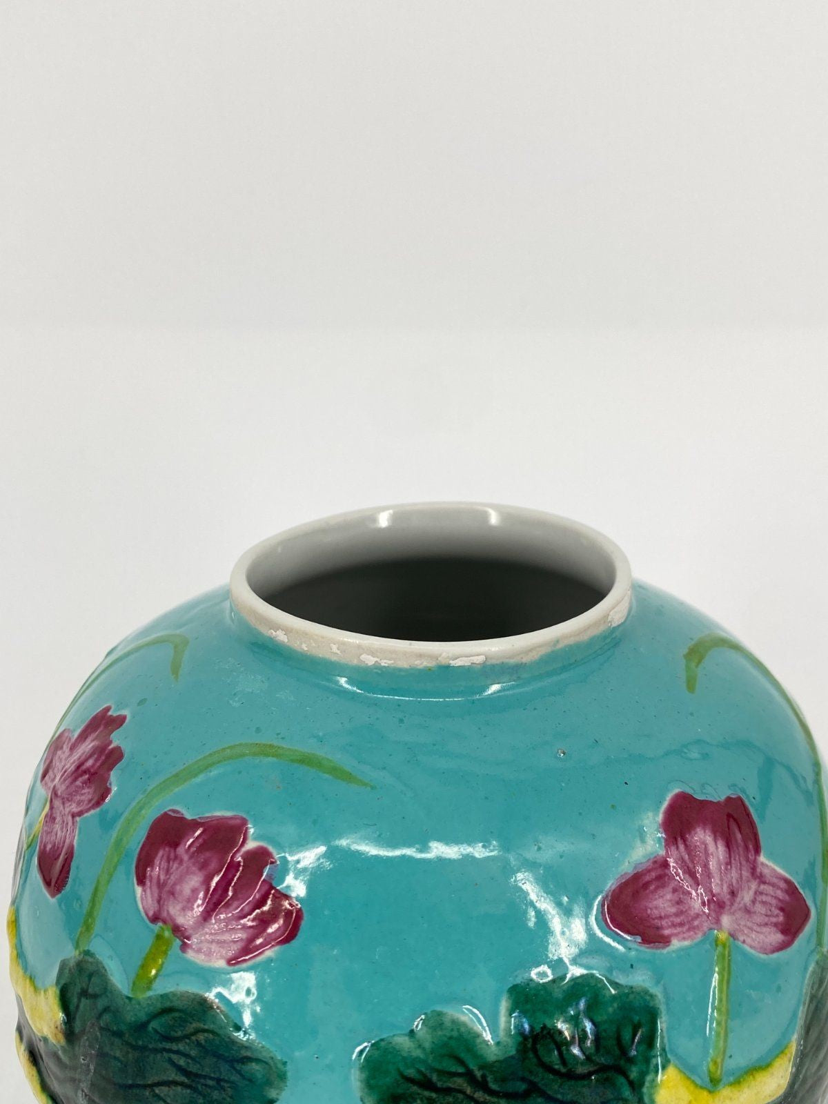 * CHINESISCHE KERAMIK VASE KRANICH SEEROSE RELIEF TÜRKIS VINTAGE