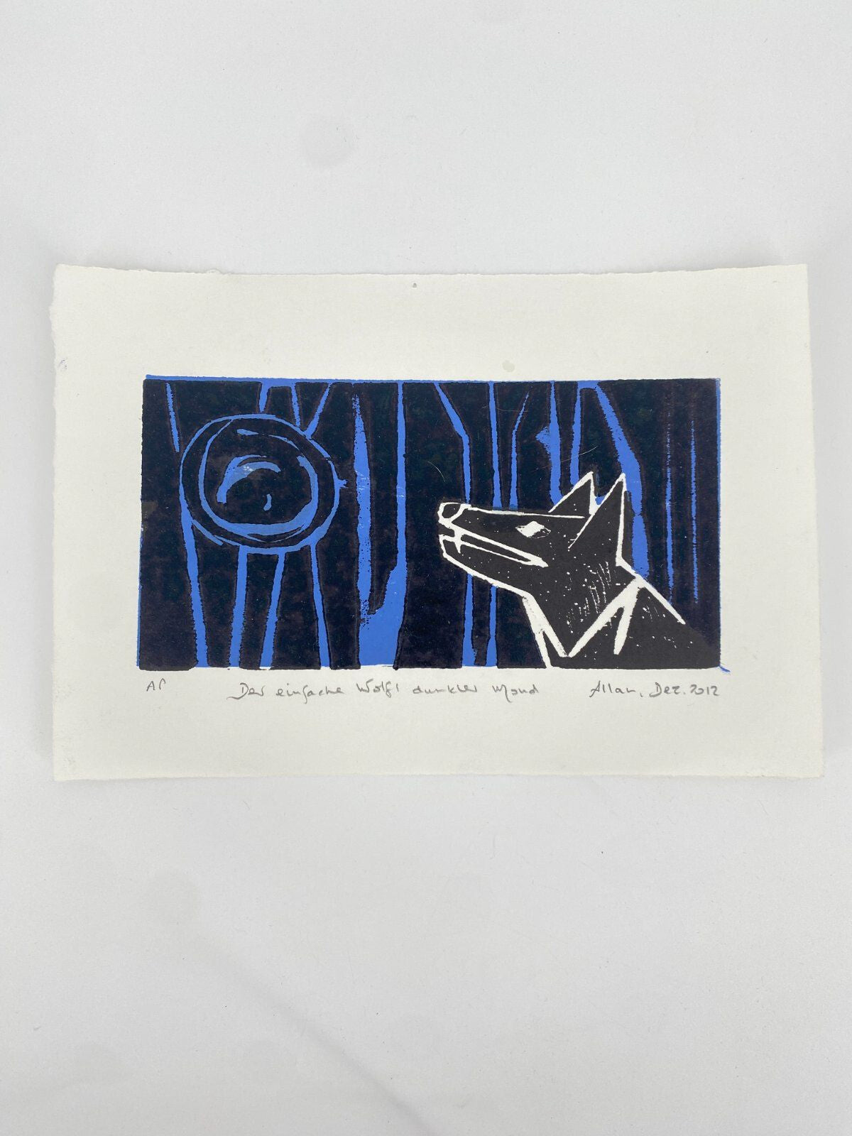 * HOLZSCHNITT FARBIG WOLF MOND BLAU WEIß ALLAN TUSCHE TINTE