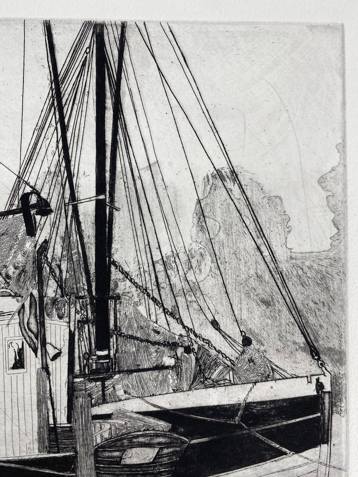 * HERBERT GRUNWALDT 1968 RADIERUNG ORIGINAL KRABBEN FISCHERBOOTE HAFEN SIGNIERT