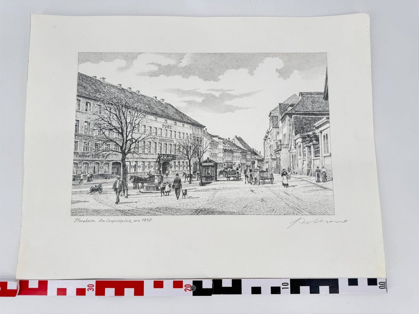 * HEINZ WEHLISCH ZEICHNUNG PFORZHEIM AM LEOPOLDPLATZ UM 1890 ANSICHT