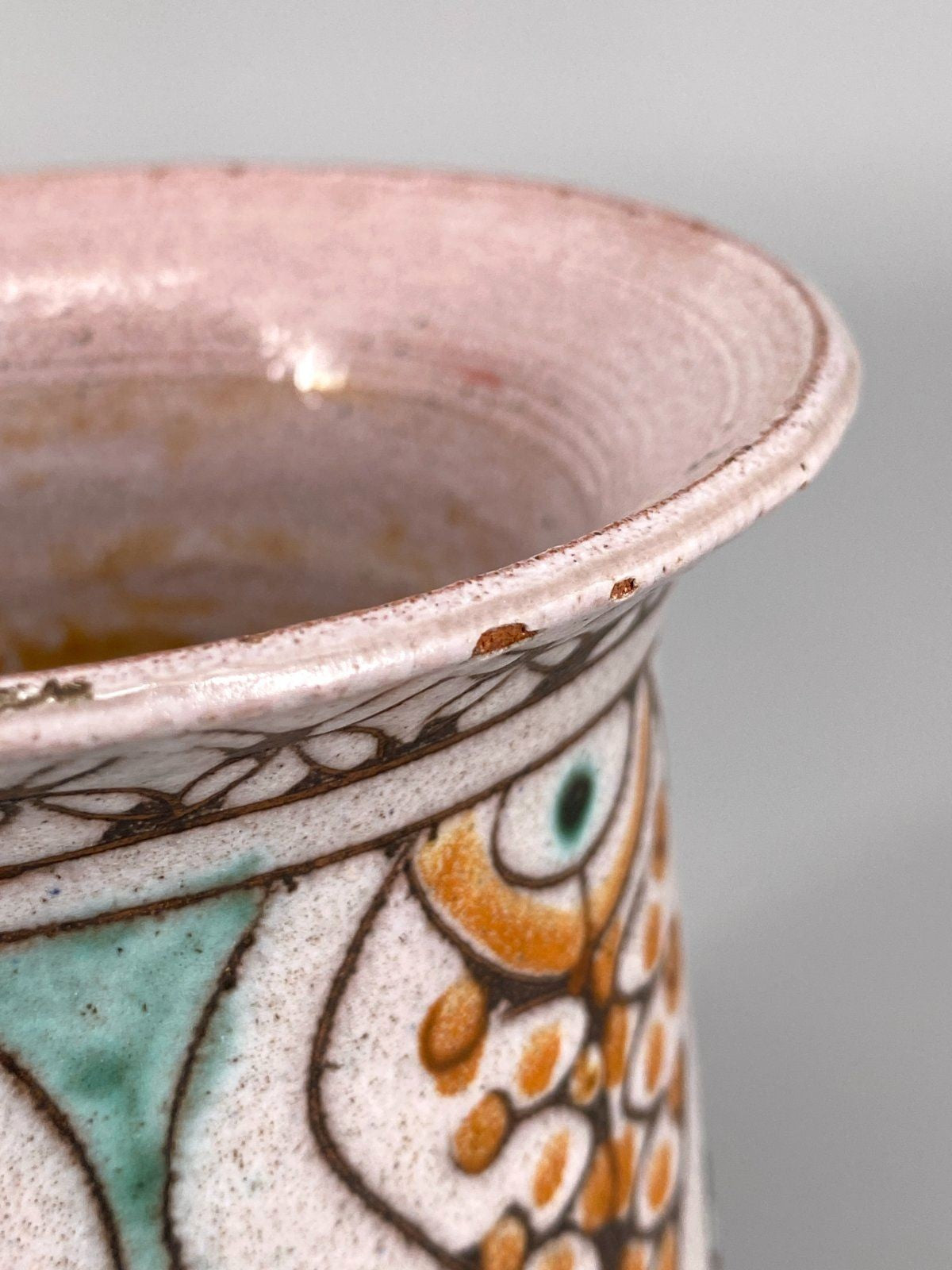 * KERAMIK VASE FISCHE GRÜN ORANGE GLASIERT HANDGETÖPFERT VINTAGE