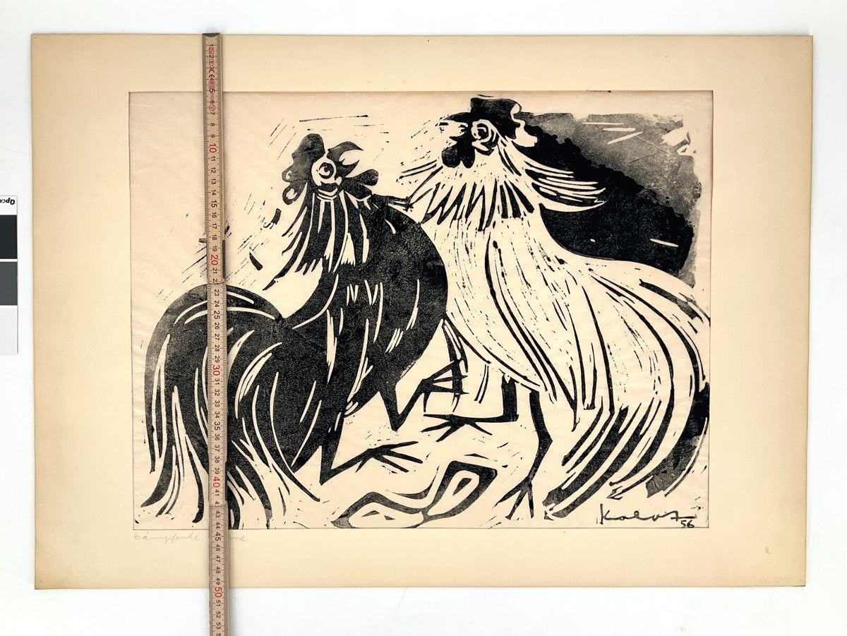 *LINOLSCHNITT WALTER KALOT KÄMPFENDE HÄHNE 1956 ORIGINAL EXPRESSIONISMUS TIERE