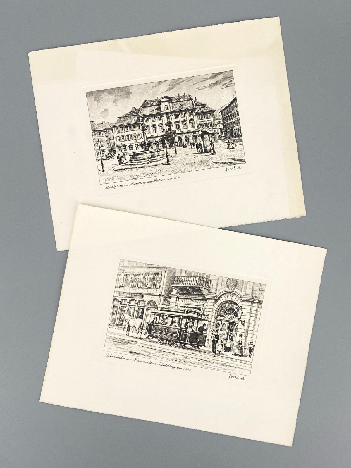 *2x RADIERUNG HEINZ WEHLISCH HEIDELBERG ANSICHTEN PFERDEBAHN MARKTPLATZ ORIGINAL