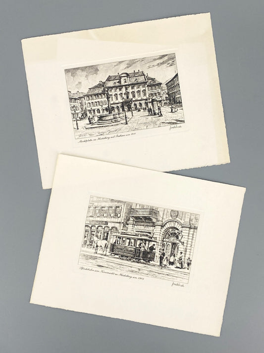 *2x RADIERUNG HEINZ WEHLISCH HEIDELBERG ANSICHTEN PFERDEBAHN MARKTPLATZ ORIGINAL