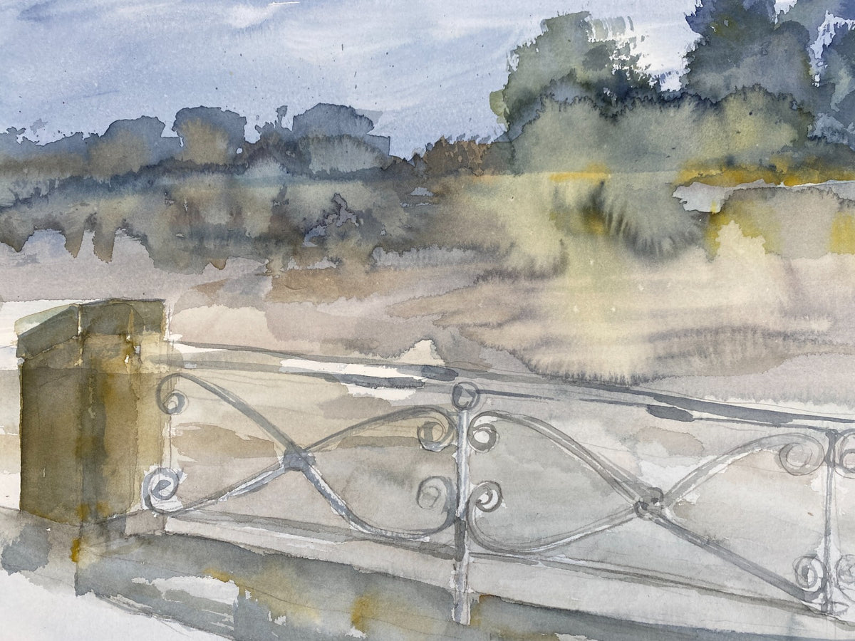 *AQUARELLGEMÄLDE LANDSCHAFT MIT BRÜCKENGELÄNDER FLUSS SIGRID HANNSE UNIKAT 90ER