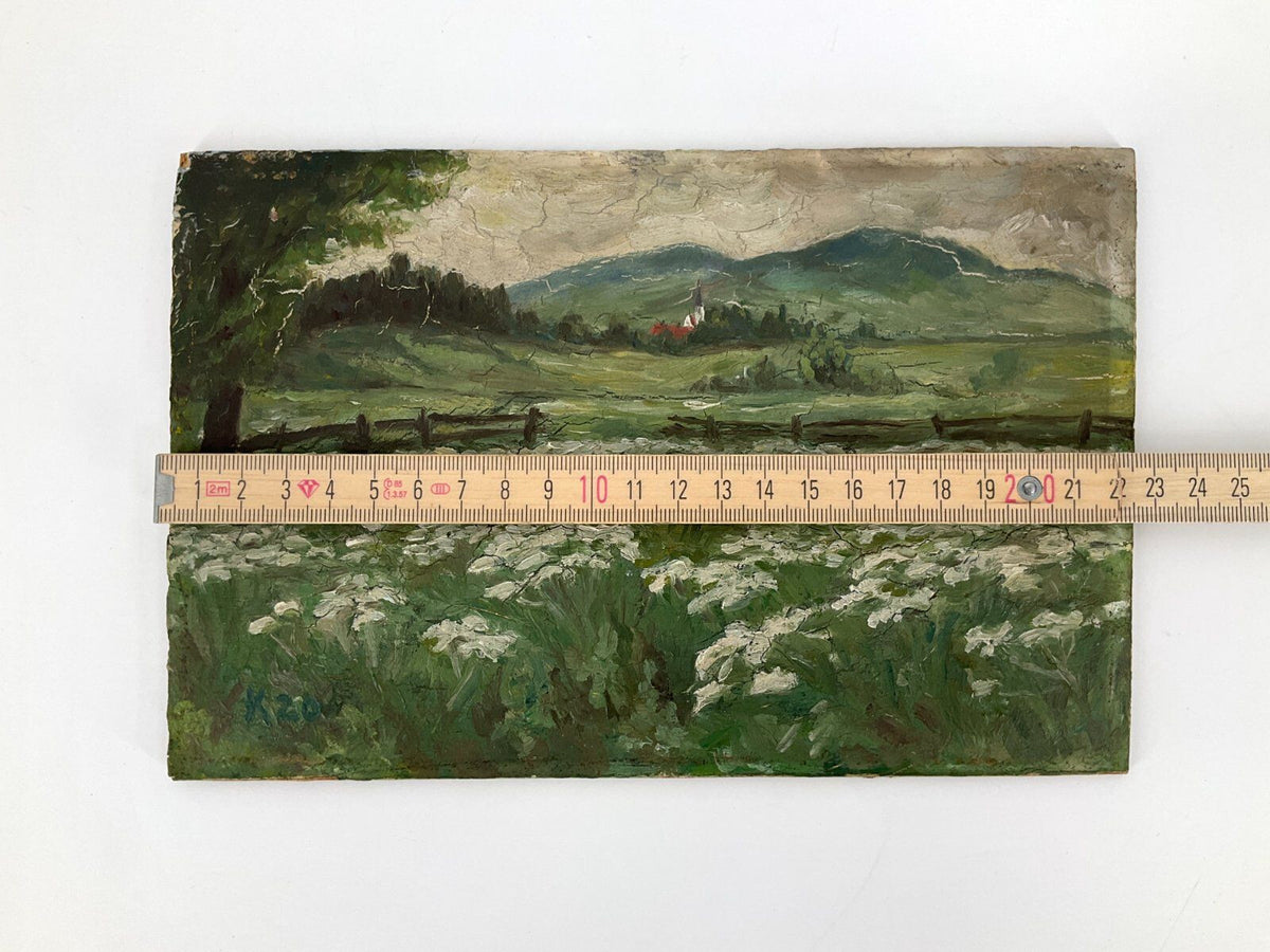 *ÖLGEMÄLDE K 1920 LANDSCHAFT BLÜHENDE PFLANZEN KIRCHE FELD