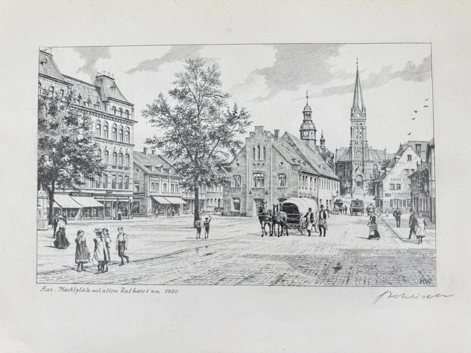* HEINZ WEHLISCH ZEICHNUNG AUE MARKTPLATZ RATHAUS 1900 ANSICHT SIGNIERT
