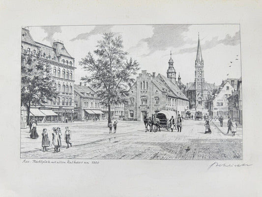 * HEINZ WEHLISCH ZEICHNUNG AUE MARKTPLATZ RATHAUS 1900 ANSICHT SIGNIERT