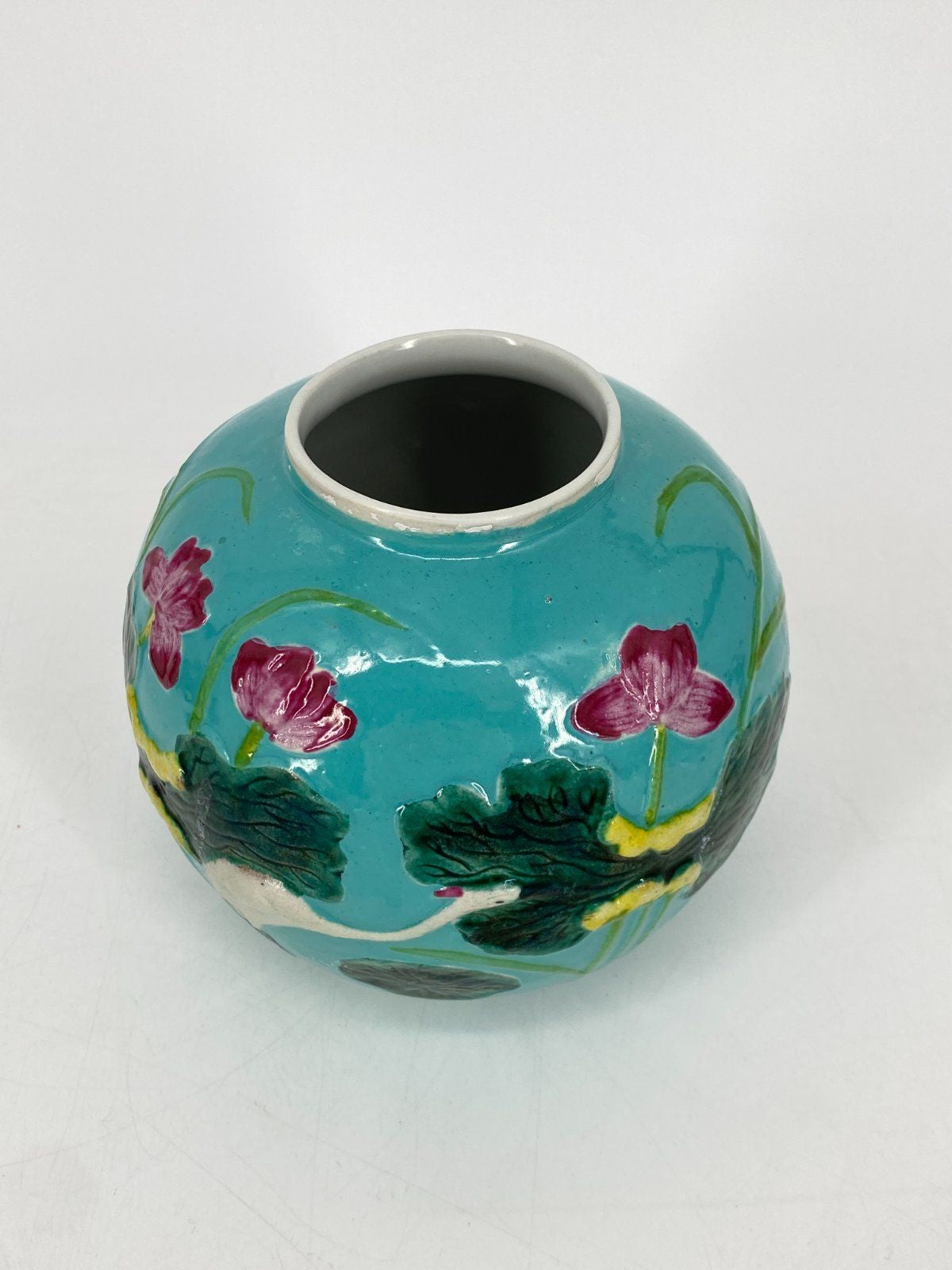 * CHINESISCHE KERAMIK VASE KRANICH SEEROSE RELIEF TÜRKIS VINTAGE
