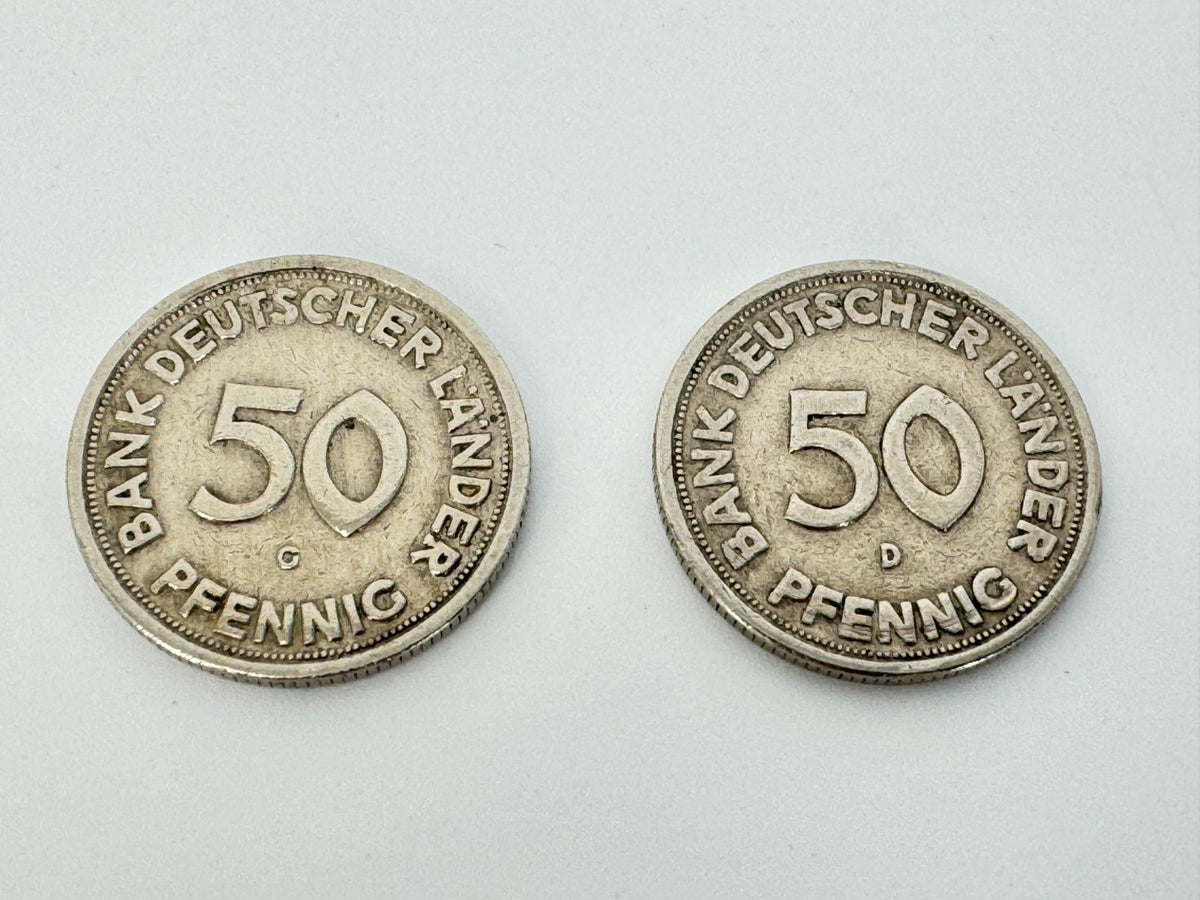 2x 50 PFENNIG MÜNZEN BANK DEUTSCHER LÄNDER SELTEN PRÄGESTÄTTE  D G 1949