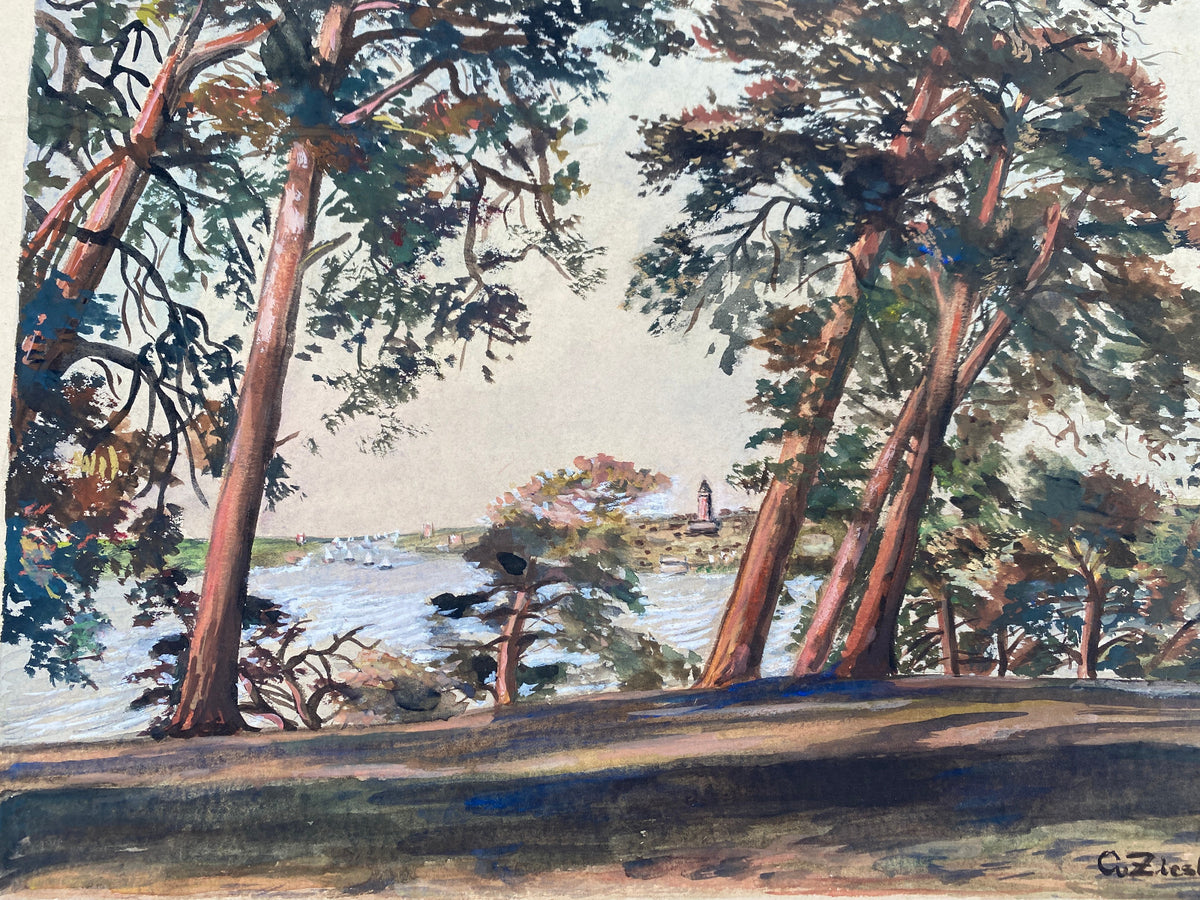 * AQUARELL OTTO ZIESKE 1902-1985 GRUNEWALDTURM HAVEL LANDSCHAFT KIEFERN UFER