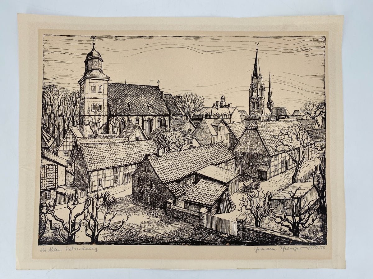 *HERMANN SCHWEIZER GRAFIK SIEBDRUCK STADTANSICHT AHLEN 1954-1976 SIGNIERT ORIGIN