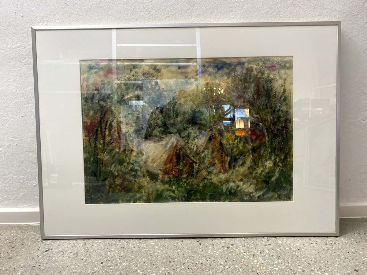 * GEMÄLDE BILD ACRYL ÖL CAMPING ZELTE IN BÜSCHEN IMPRESSIONISMUS 1994 SIGNIERT
