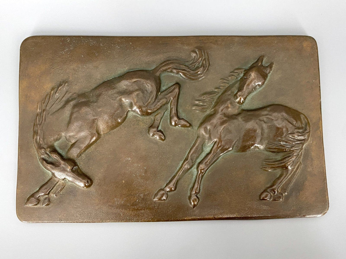 * WANDBILD RELIEF 2 PFERDE BRONZE MESSING 60er WANDPLAKETTE
