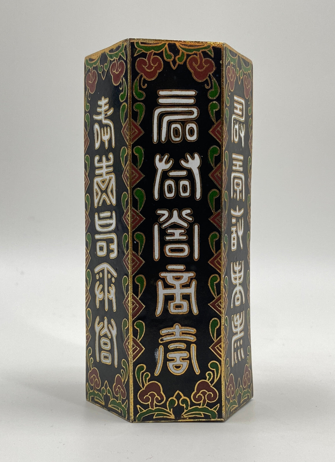 * CHINESISCHE VASE CLOISONNE EMAILLE CHINA ACHTECKIG HEXAGON SCHWARZ BLUME
