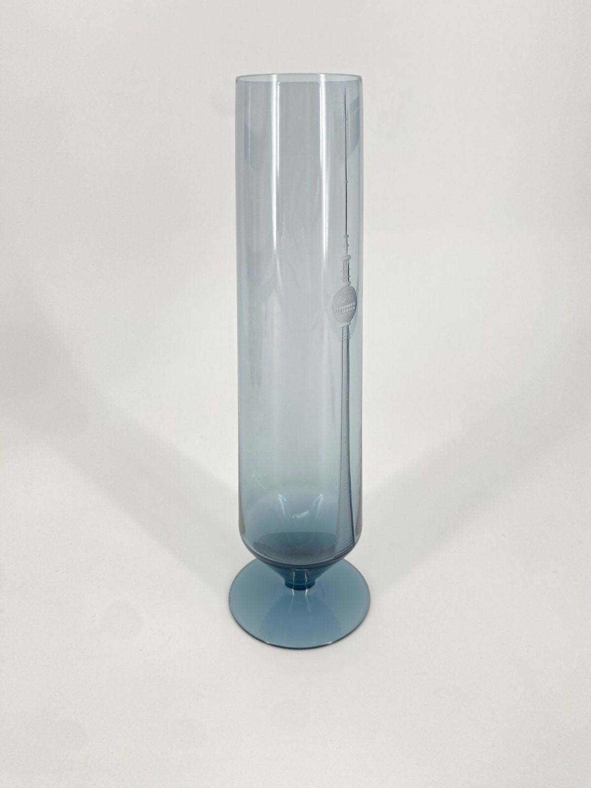 * VASE GLAS FERNSEHTURM BERLIN 1970ER BLAU RAUCH GLAS VINTAGE