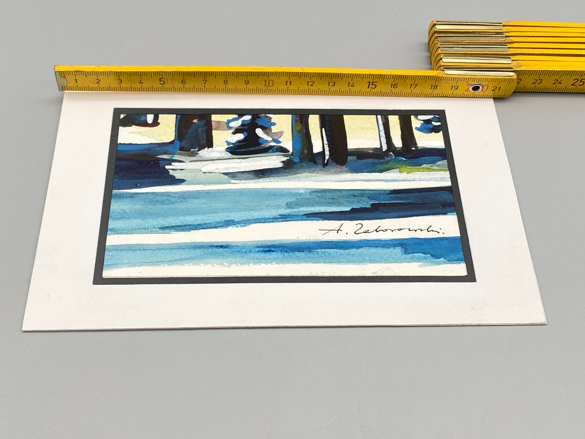 ANTONI ZABOROWSKI *1939 AQUARELL ZEICHNUNG WALD SCHNEE POLEN SIGNIERT 21x15 cm