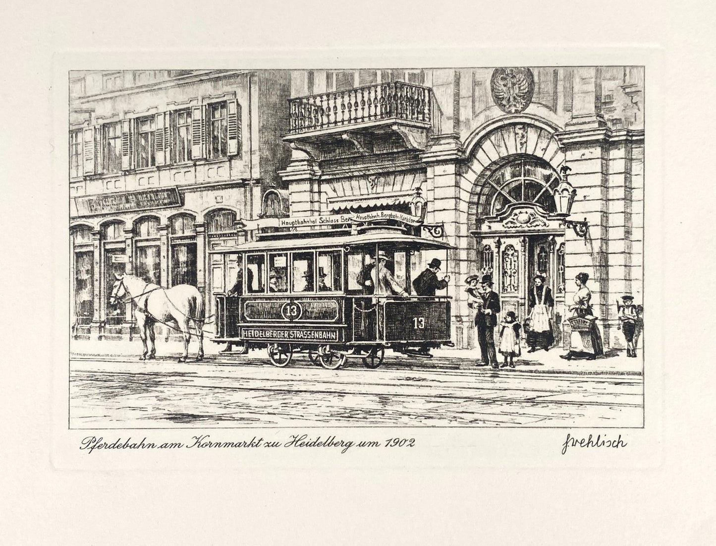 *2x RADIERUNG HEINZ WEHLISCH HEIDELBERG ANSICHTEN PFERDEBAHN MARKTPLATZ ORIGINAL